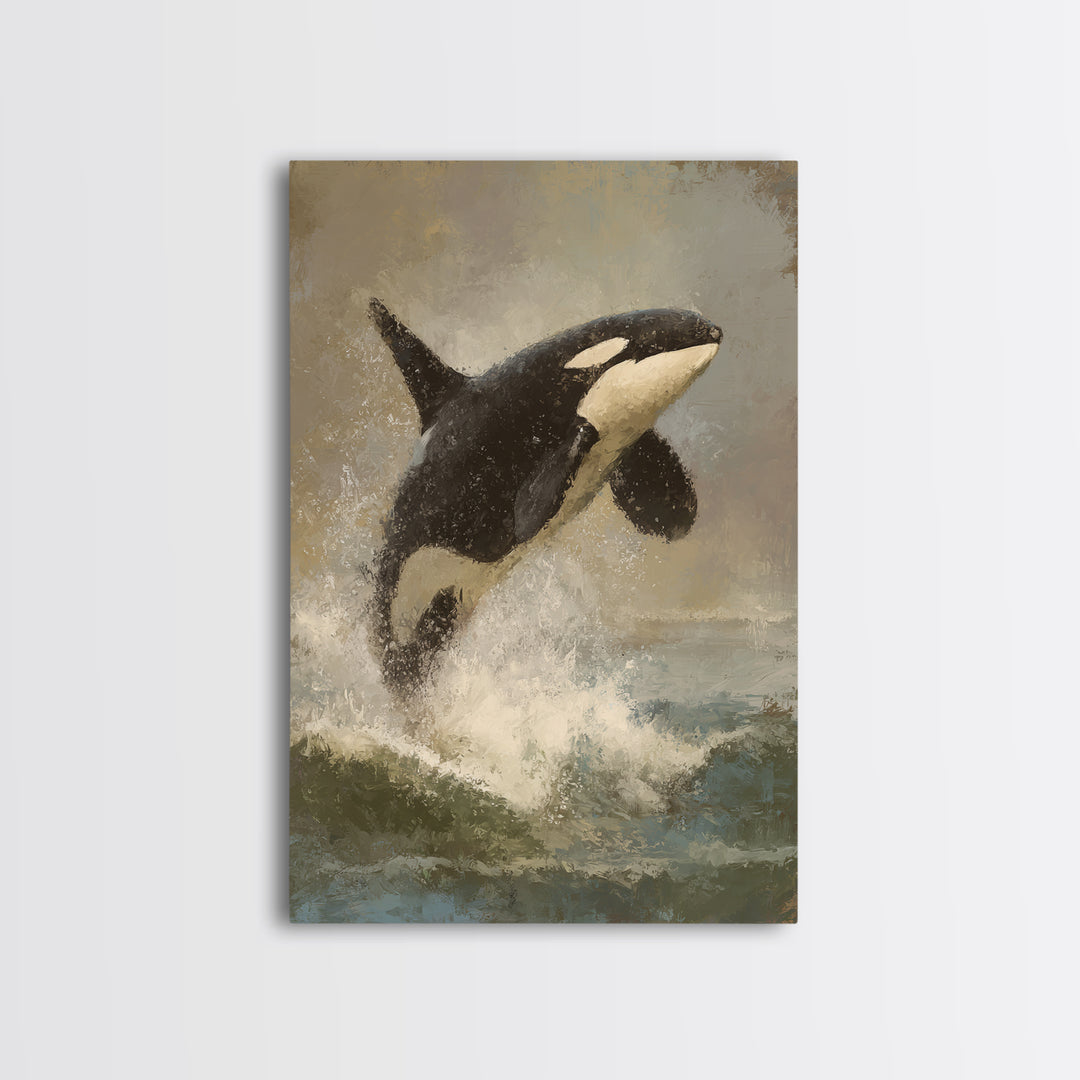 Orca Breaching in Cold Ocean Canvas Print, Wildlife Art, Statement Artwork, Living Room Decor, Fine Art, Wild, Wall Decor, WIL-2x3-31