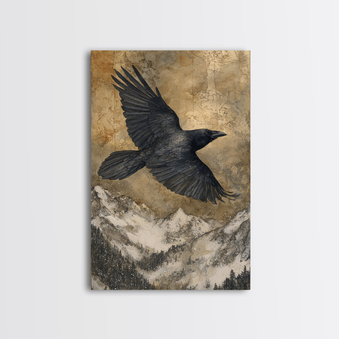 Raven Flying Through Snowy Mountains Canvas Print, Wildlife Art, Nature Wall Art, Living Room Decor, Watercolor Art, Wild, WIL-2x3-32
