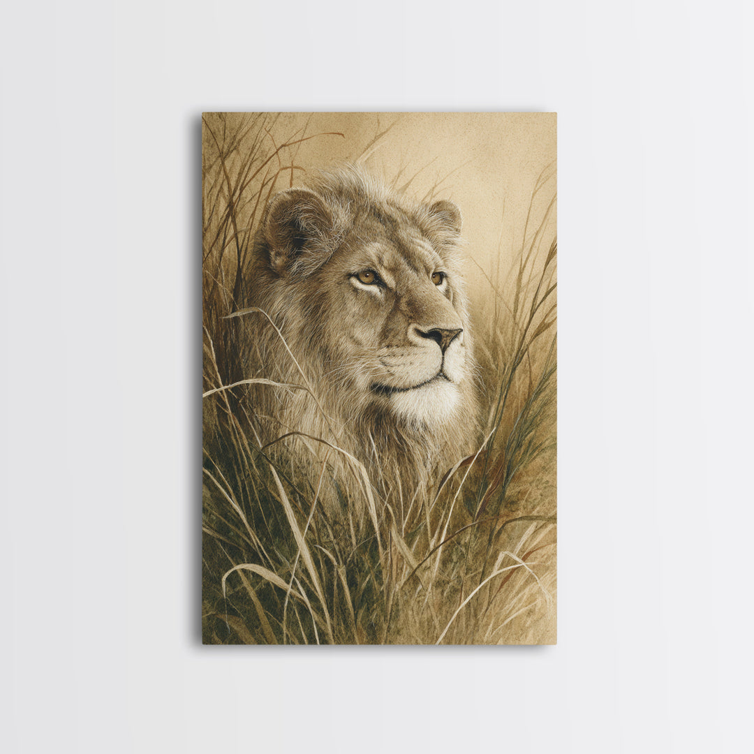 Lion Emerging from Golden Savanna Grass Framed Canvas Print, Wildlife Art, Living Room Decor, Watercolor Art, Wild, WIL-2x3-33