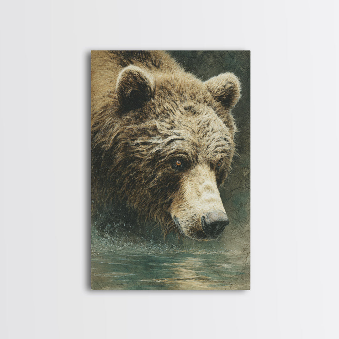 Bear Fishing in Rushing Mountain River Framed Canvas Print, Wildlife Art, Leopard Wall Art, Living Room Decor, Watercolor Art, WIL-2x3-36