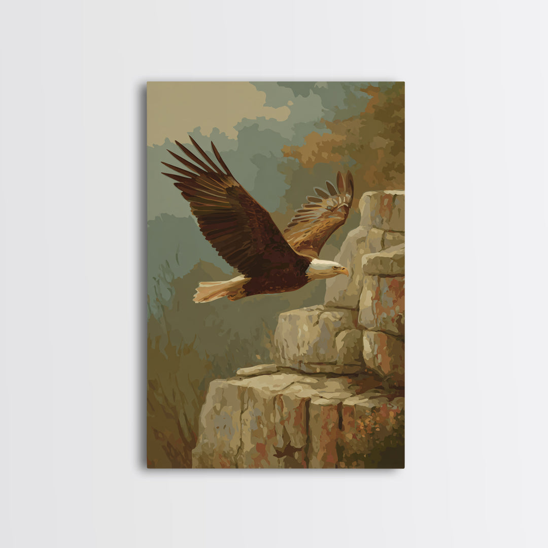 Eagle Soaring Above Rocky Cliffs Framed Canvas Print, Wildlife Art, Wall Art, Living Room Decor, Wild, Modern Wall Art, WIL-2x3-38