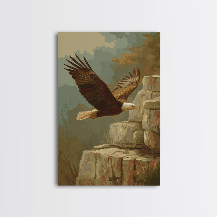 Eagle Soaring Above Rocky Cliffs Framed Canvas Print, Wildlife Art, Wall Art, Living Room Decor, Wild, Modern Wall Art, WIL-2x3-38