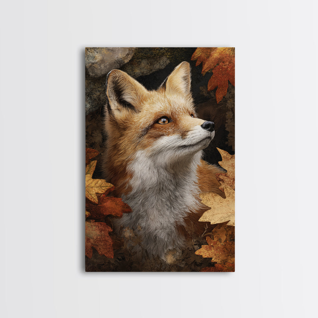Fox in Autumn Forest Leaves Framed Canvas Print, Wildlife Art, Painting, Living Room Decor, Wild, Living Room Wall Art, WIL-2x3-41