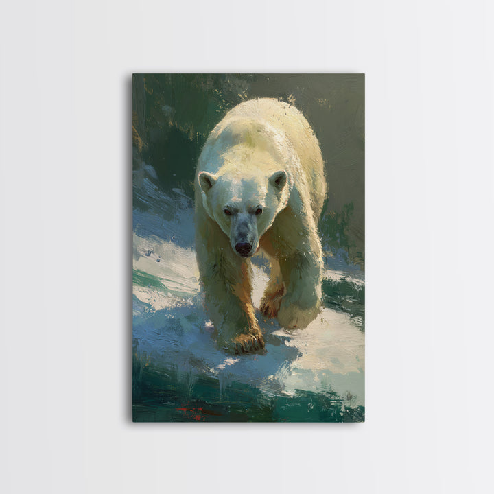 Polar Bear Crossing Blue Ice Framed Canvas Print, Wildlife Art, Wall Art, Living Room Decor, Abstract Art, Wild, WIL-2x3-47