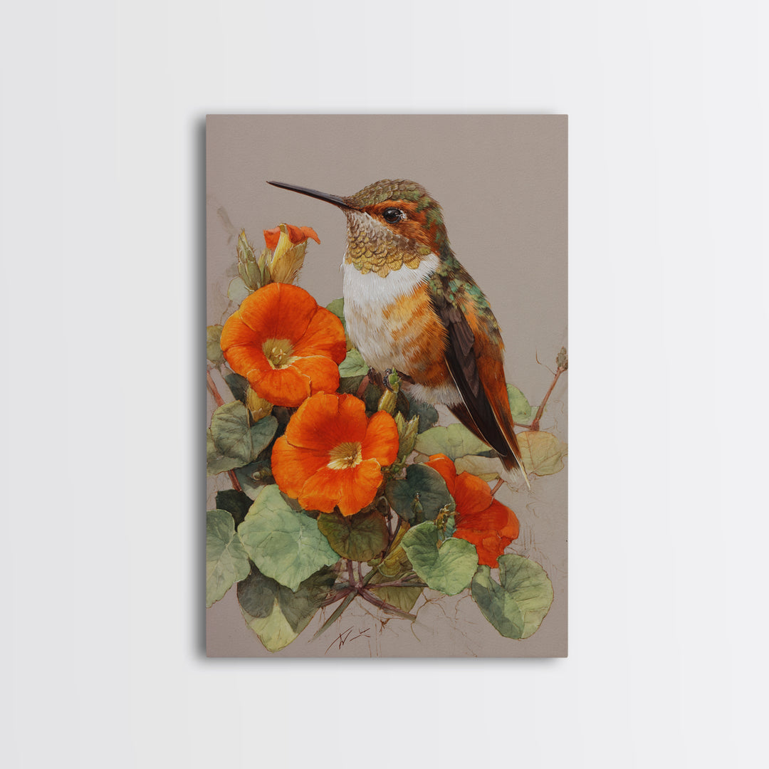 Hummingbird Beside Bright Flowers Framed Canvas Print, Wildlife Art, Boho Decor, Living Room Decor, Fine Art, Wild, Painting, WIL-2x3-48