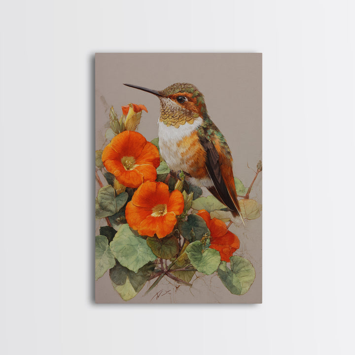 Hummingbird Beside Bright Flowers Framed Canvas Print, Wildlife Art, Boho Decor, Living Room Decor, Fine Art, Wild, Painting, WIL-2x3-48