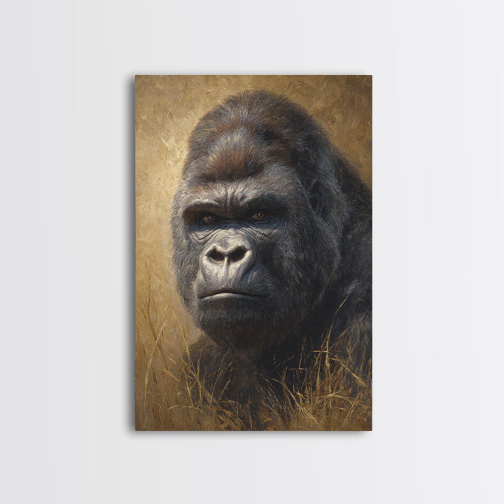Gorilla Portrait with Powerful Gaze Canvas Print, Wildlife Art, Oil Painting, Living Room Decor, Wild, Bedroom Wall Art, WIL-2x3-49
