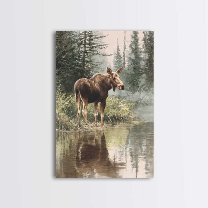 Moose Standing in Reflective Lake Framed Canvas Print, Wildlife Art, Room Decor, Living Room Decor, Fine Art, Wild, WIL-2x3-51