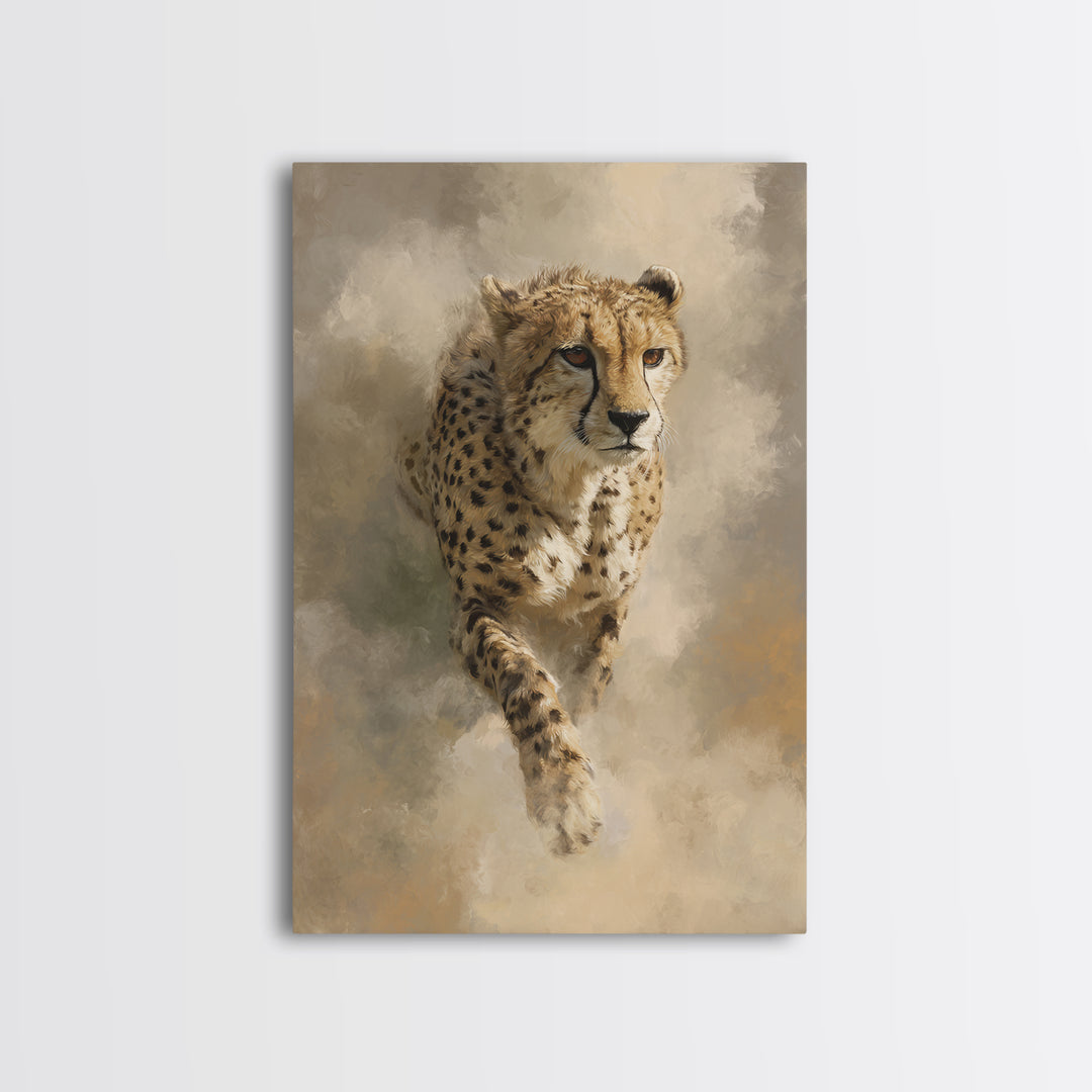 Cheetah Running Through Warm Dust Framed Canvas Print, Wildlife Art, Digital Wall Art, Living Room Decor, Oil Painting, Wild, WIL-2x3-53