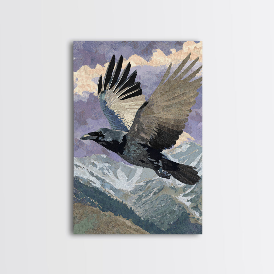 Raven Flying Through Snowy Mountains Framed Canvas Print, Wildlife Art, Neutral Decor, Living Room Decor, Fine Art, Wild, WIL-2x3-56