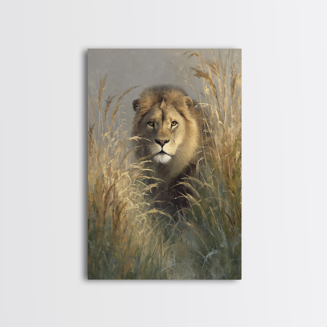 Lion Emerging from Golden Savanna Grass Canvas Print, Wildlife Art, Boho Wall Decor, Living Room Decor, Oil Painting, Wild, WIL-2x3-57