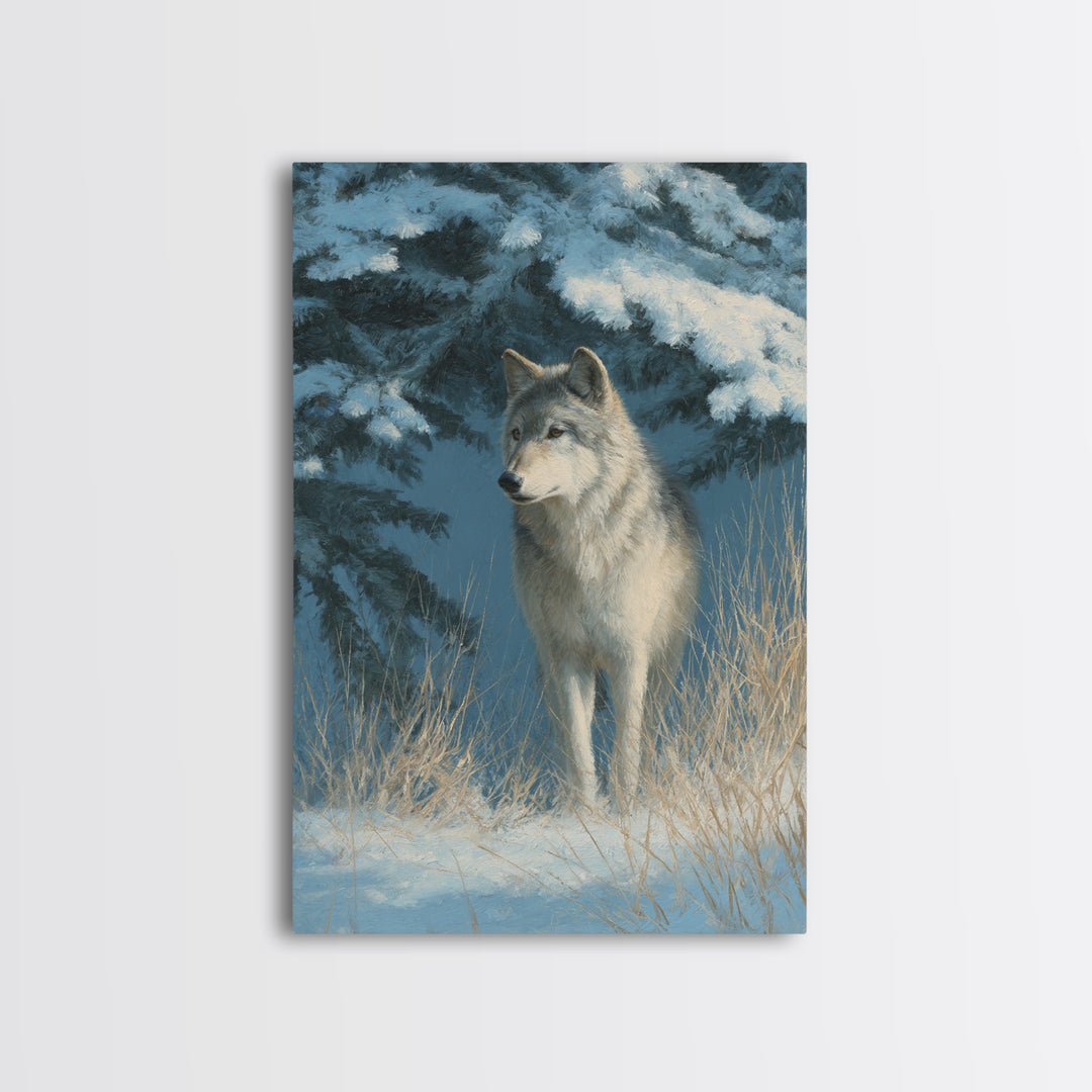 Wolf Standing Beneath Snowy Pine Trees Framed Canvas Print, Wildlife Art, Wall Decor, Living Room Decor, Oil Painting, Wild, WIL-2x3-59