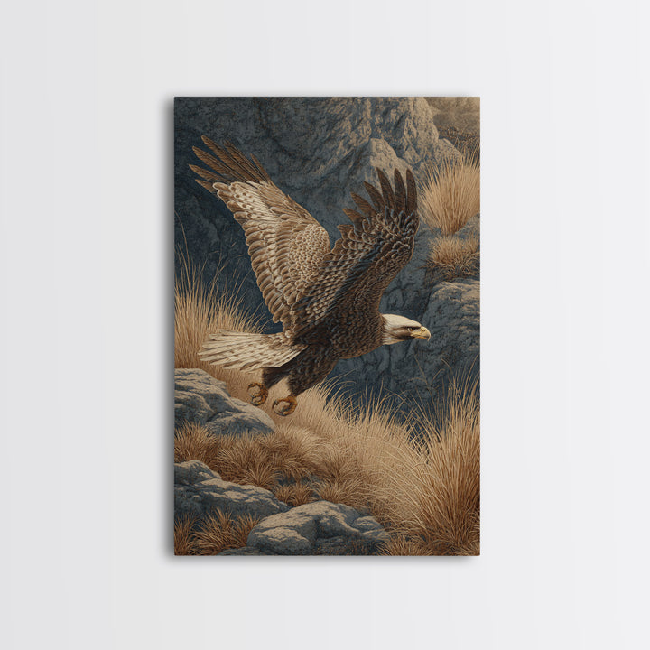 Eagle Soaring Above Rocky Cliffs Canvas Print, Wildlife Art, Oil Painting, Living Room Decor, Abstract Art, Wild, WIL-2x3-62