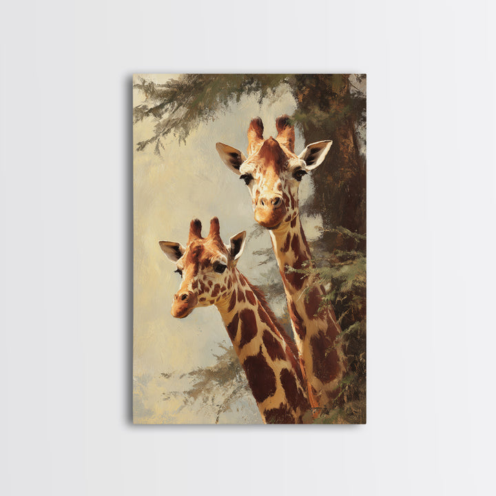 Giraffe Pair under Acacia Tree Framed Canvas Print, Wildlife Art, Painting, Living Room Decor, Watercolor Art, Wild, Bird Art, WIL-2x3-63