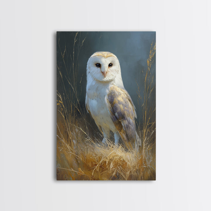 Owl Perched in Moonlit Woodland Framed Canvas Print, Wildlife Art, Large Wall Art, Living Room Decor, Fine Art, Wild, WIL-2x3-68