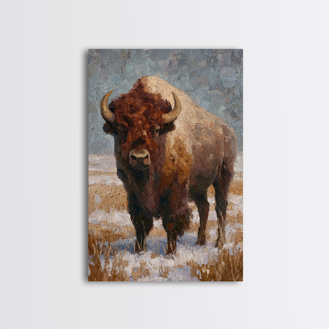 Bison on Wide Western Prairie Framed Canvas Print, Wildlife Art, Living Room Decor, Wild, Living Room Art, Canvas Painting, WIL-2x3-69