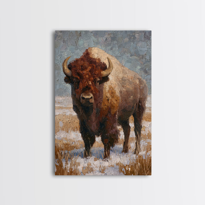 Bison on Wide Western Prairie Framed Canvas Print, Wildlife Art, Living Room Decor, Wild, Living Room Art, Canvas Painting, WIL-2x3-69