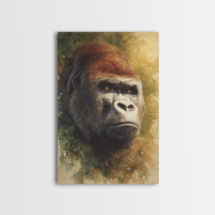 Gorilla Portrait with Powerful Gaze Framed Canvas Print, Wildlife Art, Wall Art Print, Living Room Decor, Oil Painting, Wild, WIL-2x3-73
