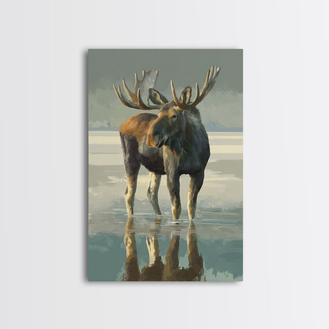 Moose Standing in Reflective Lake Framed Canvas Print, Wildlife Art, Digital Wall Art, Living Room Decor, Fine Art, Wild, WIL-2x3-75