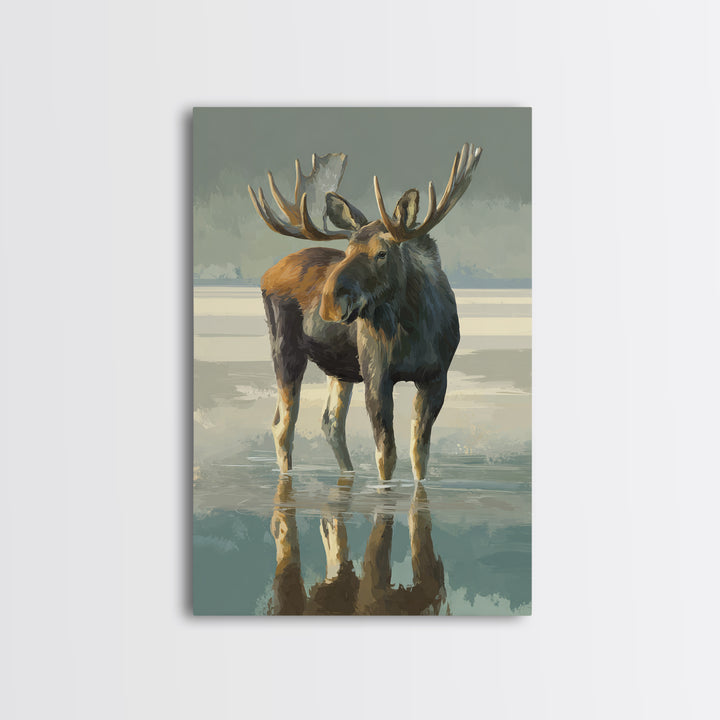 Moose Standing in Reflective Lake Framed Canvas Print, Wildlife Art, Digital Wall Art, Living Room Decor, Fine Art, Wild, WIL-2x3-75