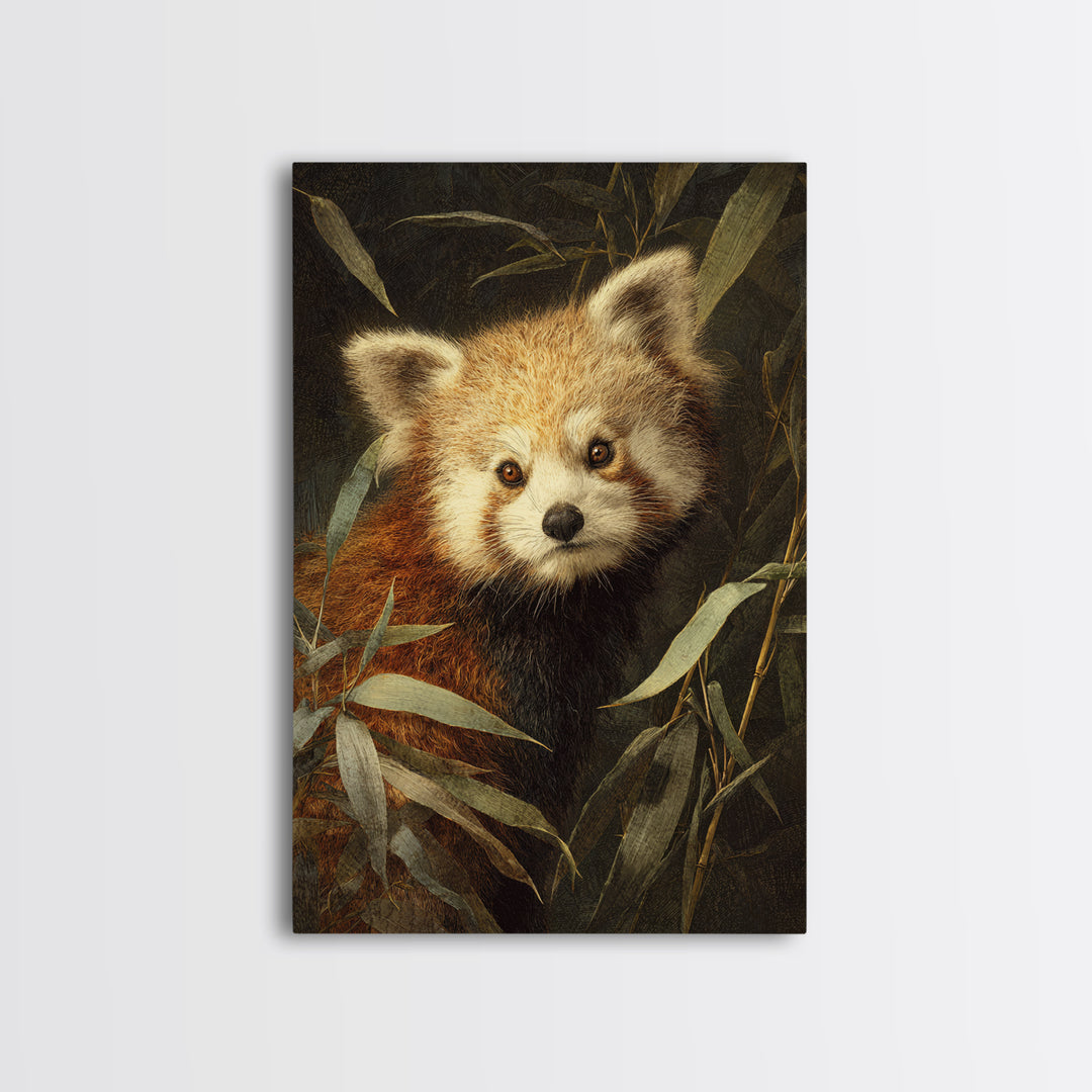 Red Panda Among Bamboo Leaves Framed Canvas Print, Wildlife Art, Canvas Print, Living Room Decor, Wild, Forest Wall Art, WIL-2x3-76