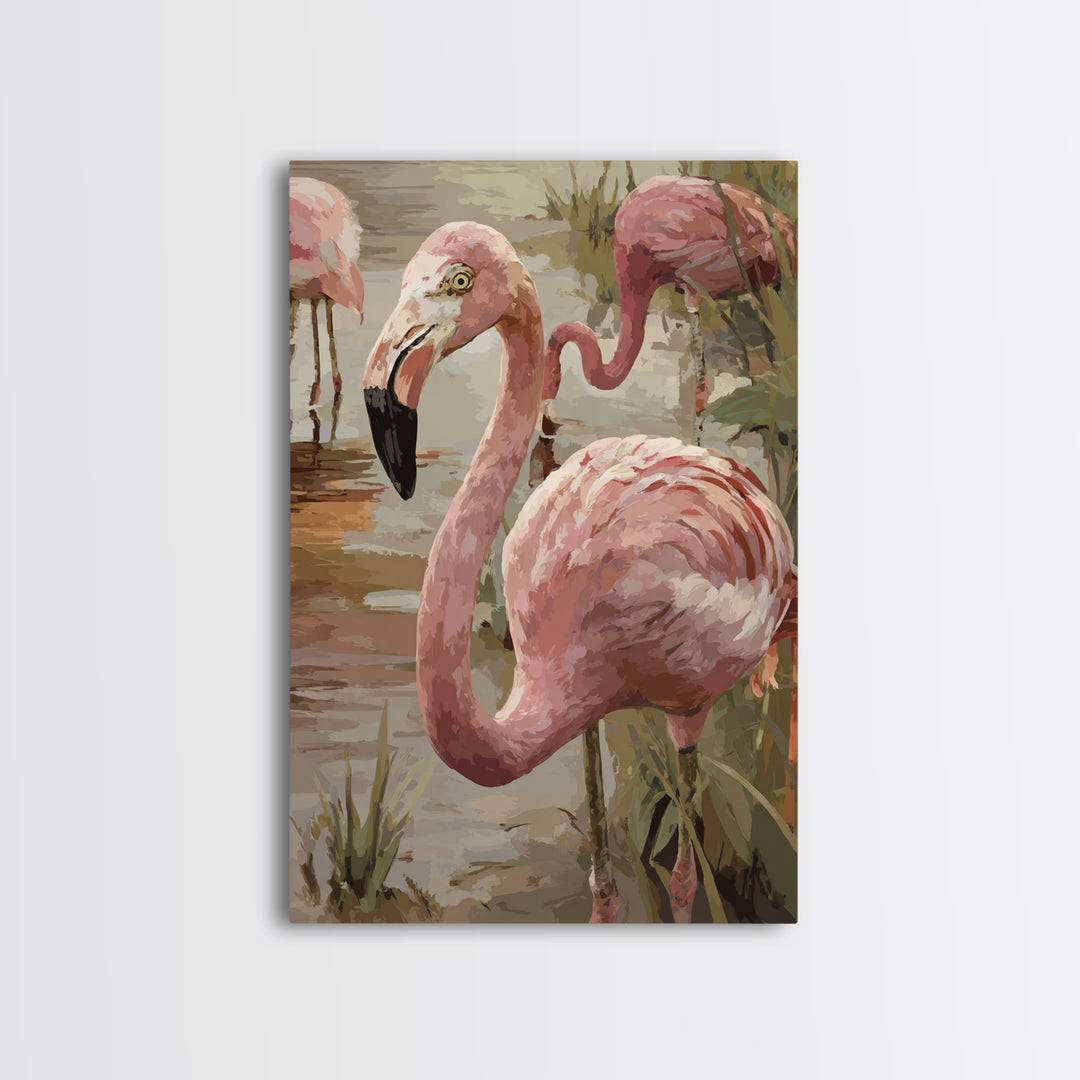 Flamingos in Pink Shallow Water Framed Canvas Print, Wildlife Art, Painting, Living Room Decor, Wild, Living Room Wall Art, WIL-2x3-78