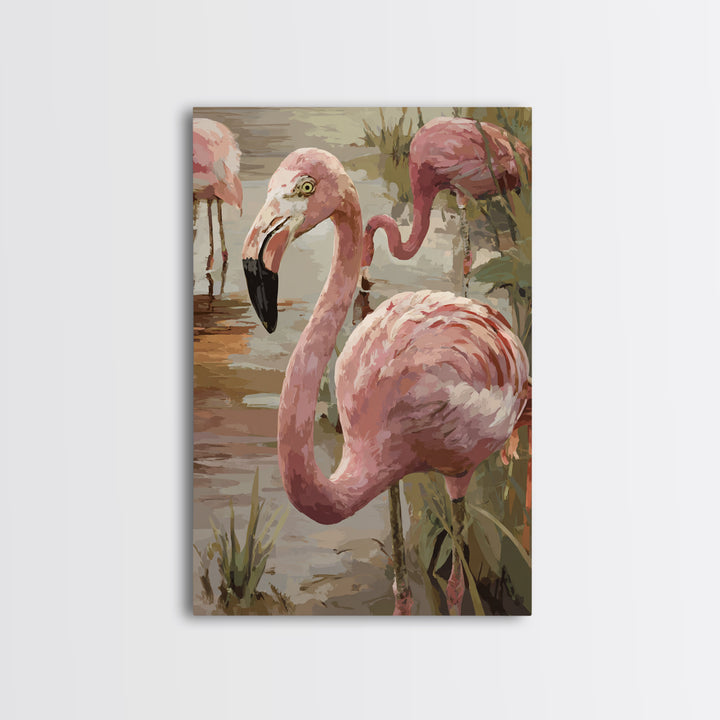 Flamingos in Pink Shallow Water Framed Canvas Print, Wildlife Art, Painting, Living Room Decor, Wild, Living Room Wall Art, WIL-2x3-78