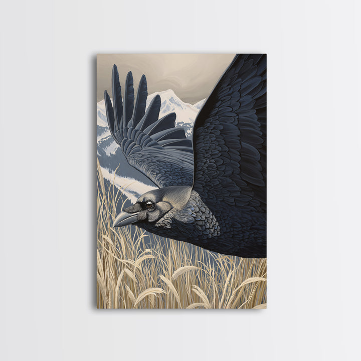 Raven Flying Through Snowy Mountains Framed Canvas Print, Wildlife Art, Landscape Art, Living Room Decor, Fine Art, Wild, WIL-2x3-8
