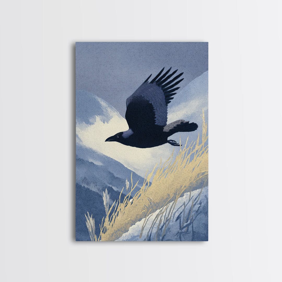 Raven Flying Through Snowy Mountains Framed Canvas Print, Wildlife Art, Contemporary Art, Living Room Decor, Fine Art, Wild, WIL-2x3-80