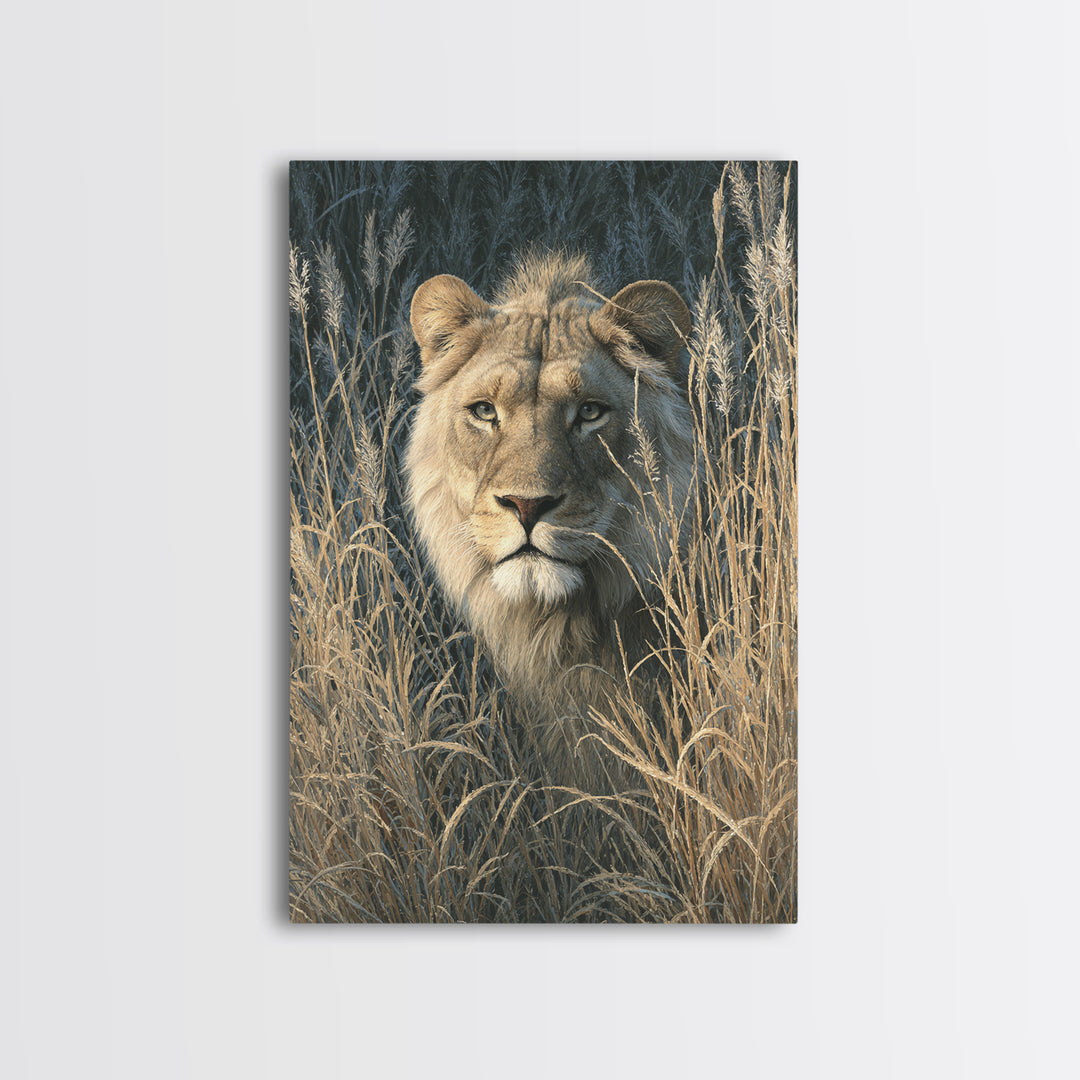 Lion Emerging from Golden Savanna Grass Canvas Print, Wildlife Art, Boho Wall Decor, Living Room Decor, Oil Painting, Wild, WIL-2x3-81