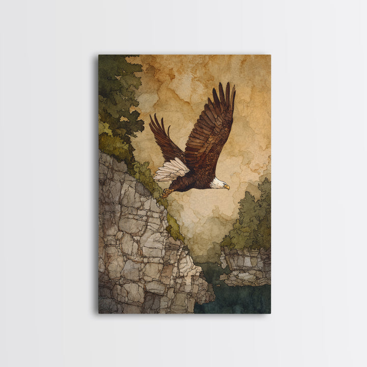 Eagle Soaring Above Rocky Cliffs Canvas Print, Wildlife Art, Oil Painting, Living Room Decor, Abstract Art, Wild, WIL-2x3-86