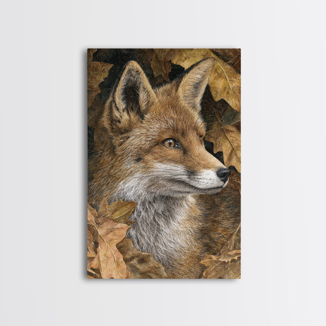 Fox in Autumn Forest Leaves Framed Canvas Print, Wildlife Art, Canvas Print, Living Room Decor, Fine Art, Wild, Forest Wall Art, WIL-2x3-89