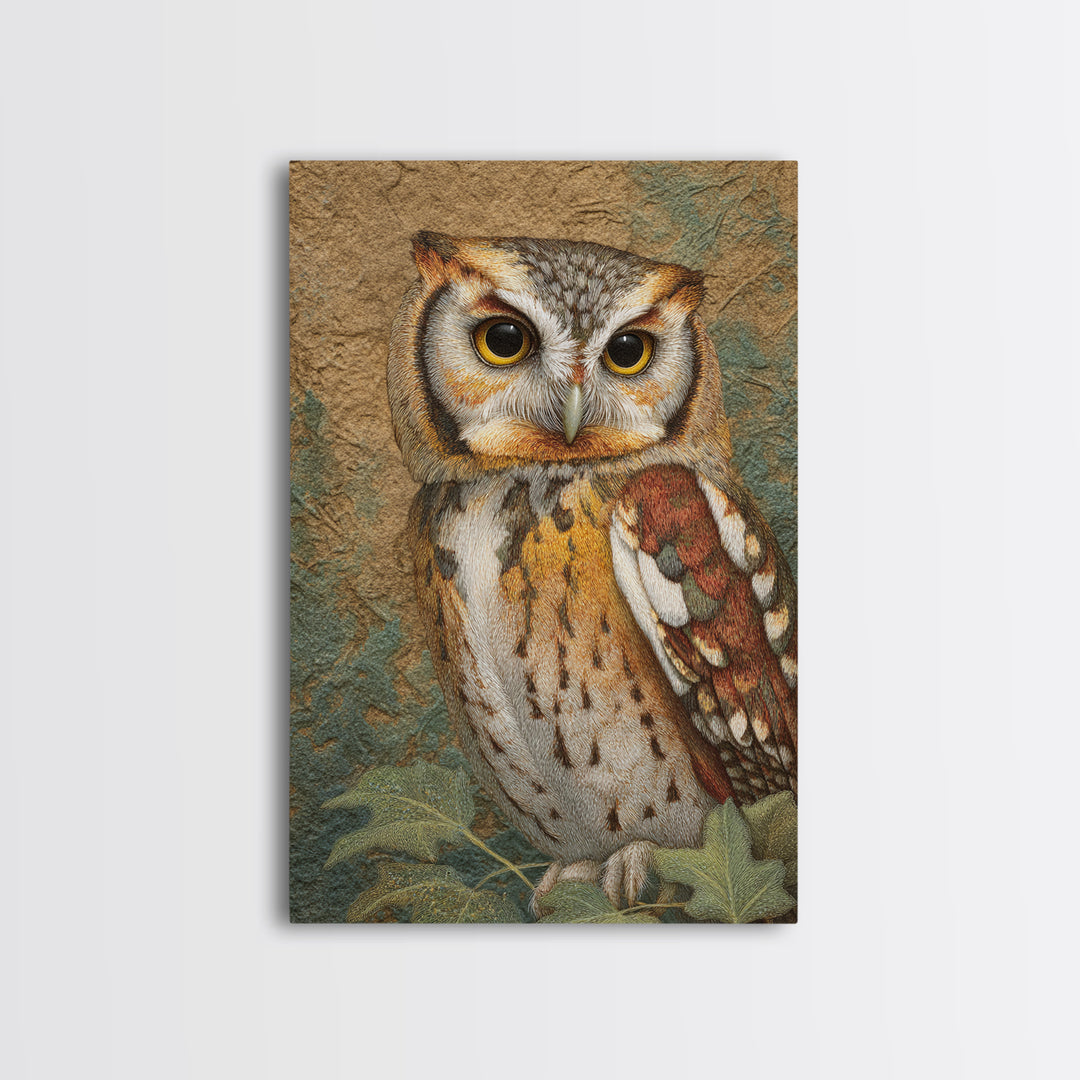 Owl Perched in Moonlit Woodland Framed Canvas Print, Wildlife Art, Gallery Decor, Living Room Decor, Abstract Art, Wild, WIL-2x3-92