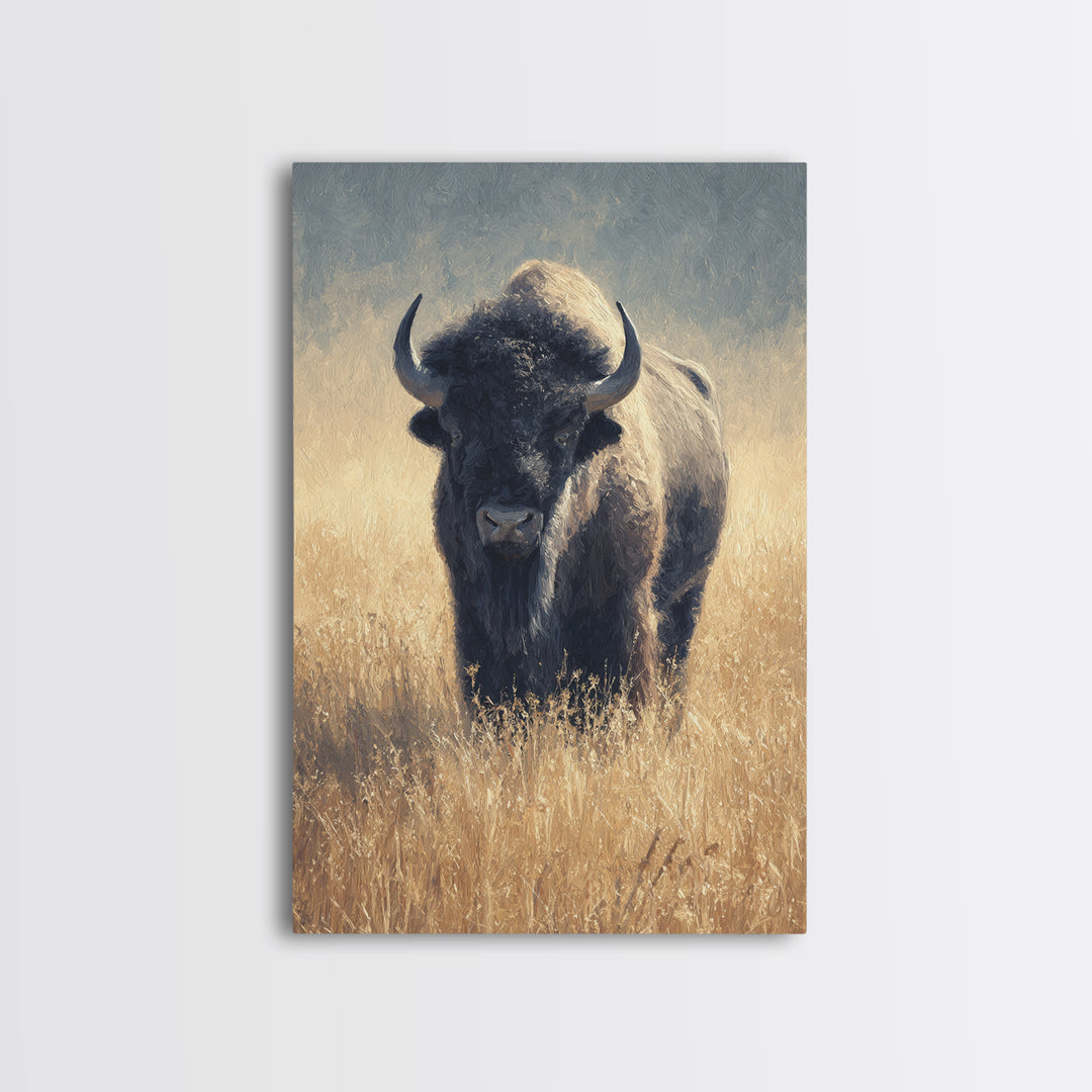 Bison on Wide Western Prairie Framed Canvas Print, Wildlife Art, Living Room Decor, Wild, Living Room Art, Canvas Painting, WIL-2x3-93