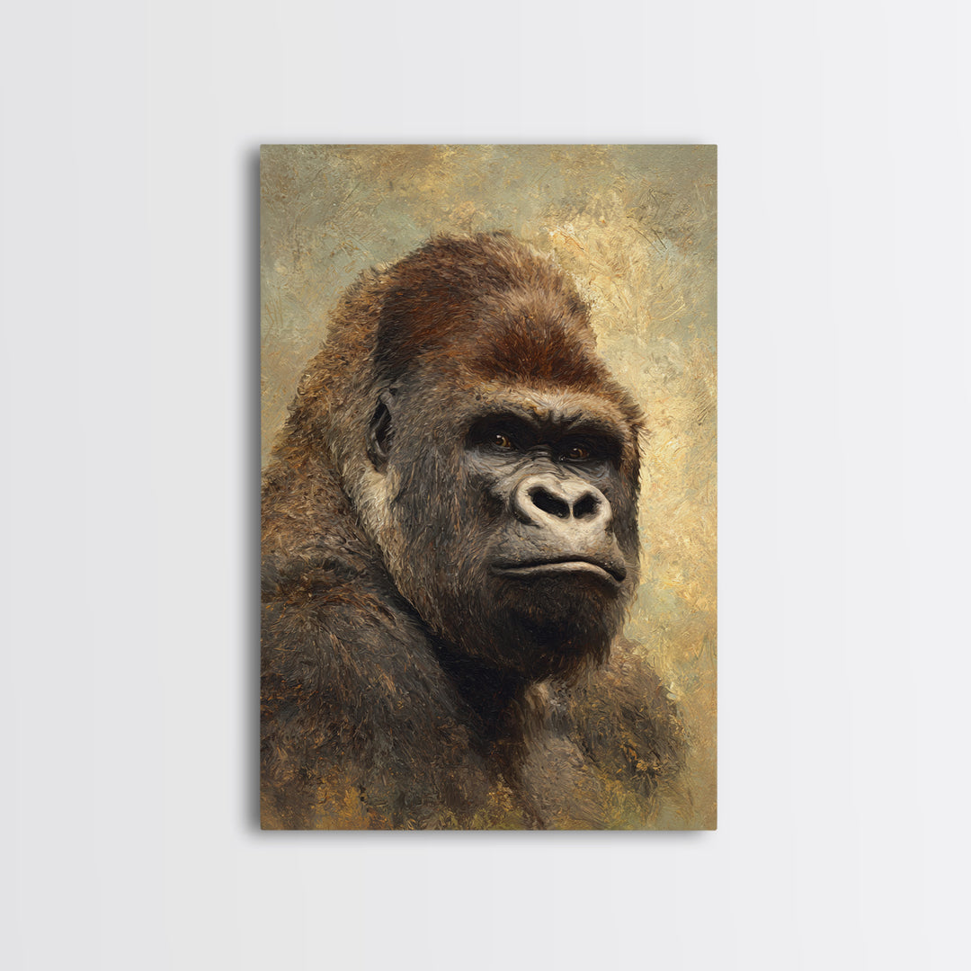 Gorilla Portrait with Powerful Gaze Framed Canvas Print, Wildlife Art, Wall Art Print, Living Room Decor, Oil Painting, Wild, WIL-2x3-97