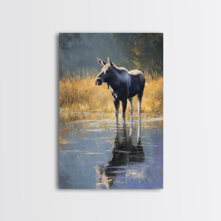 Moose Standing in Reflective Lake Canvas Print, Wildlife Art, Modern Wall Art, Living Room Decor, Fine Art, Wild, Bird Wall Art, WIL-2x3-99