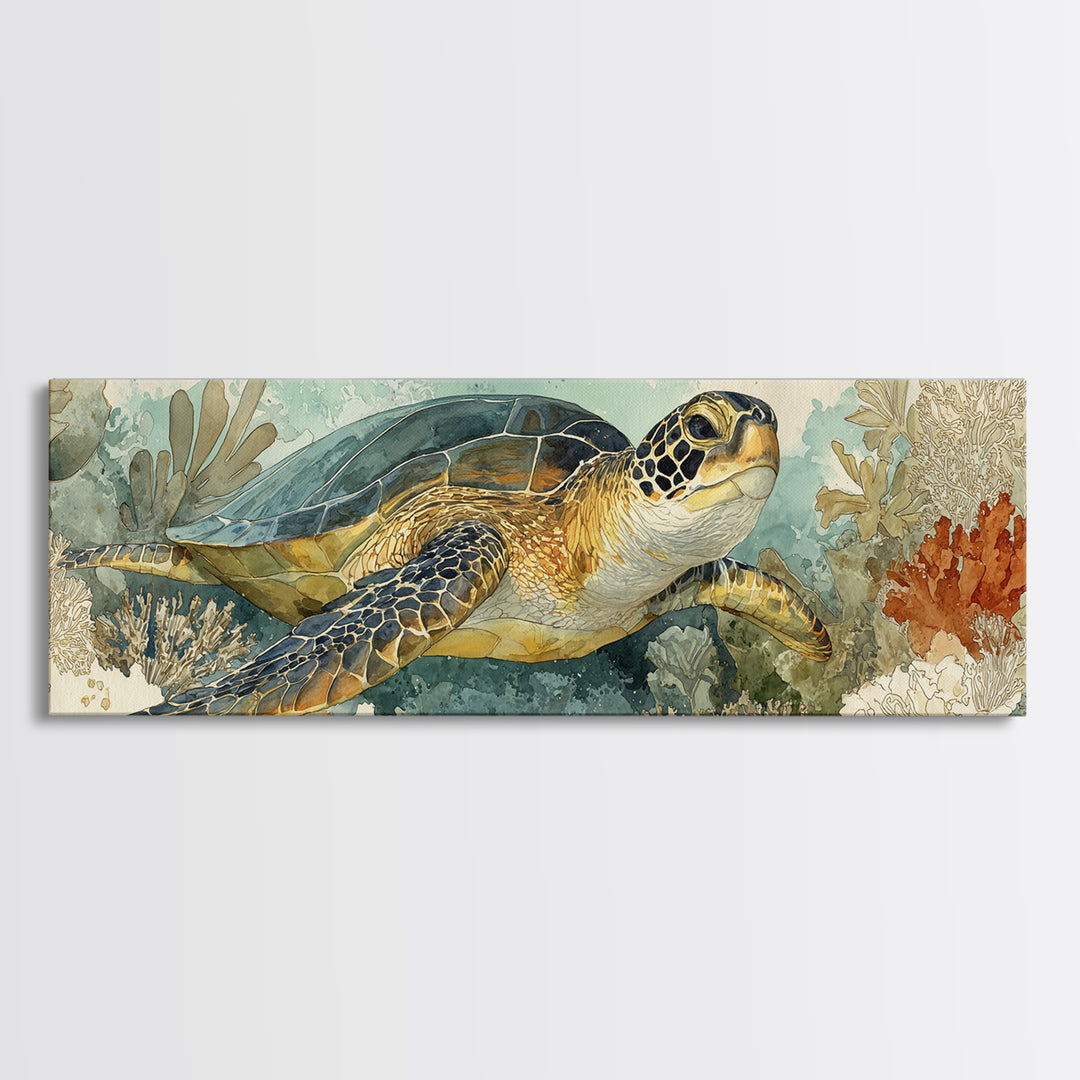 Sea Turtle over Coral Reef Framed Canvas Print, Wildlife Art, Home Decor, Living Room Decor, Fine Art, Wild, Boho Wall Decor, WIL-3x1-10
