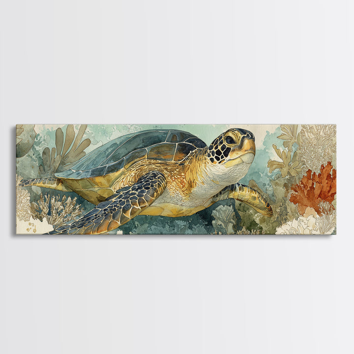 Sea Turtle over Coral Reef Framed Canvas Print, Wildlife Art, Home Decor, Living Room Decor, Fine Art, Wild, Boho Wall Decor, WIL-3x1-10