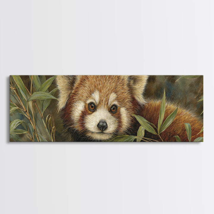 Red Panda Among Bamboo Leaves Framed Canvas Print, Wildlife Art, Canvas Painting, Living Room Decor, Wild, Luxury Decor, WIL-3x1-12