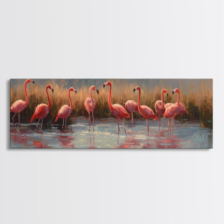Flamingos in Pink Shallow Water Canvas Print, Wildlife Art, Unique Home Decor, Living Room Decor, Fine Art, Wild, WIL-3x1-14