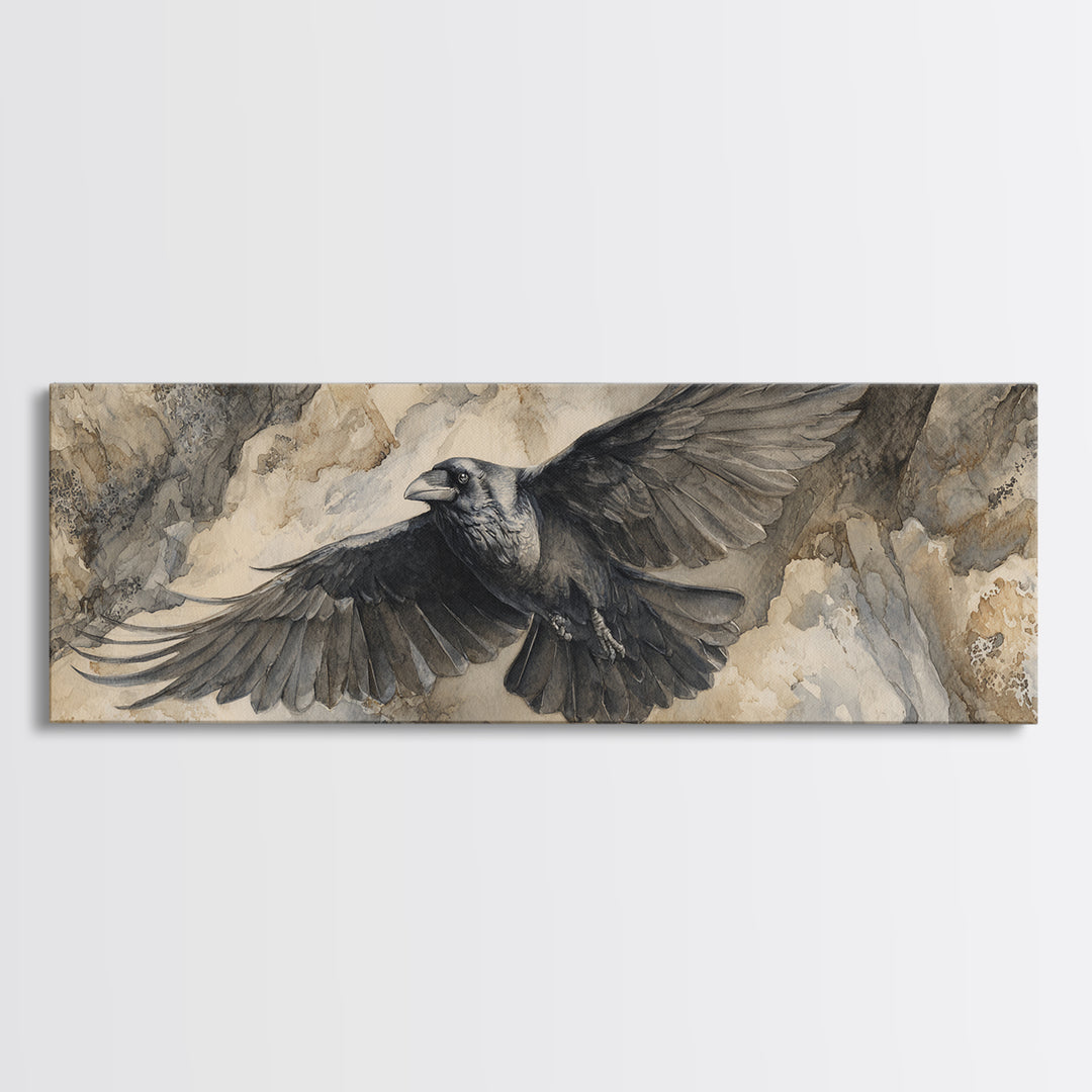 Raven Flying Through Snowy Mountains Canvas Print, Wildlife Art, Modern Art, Living Room Decor, Watercolor Art, Wild, WIL-3x1-16