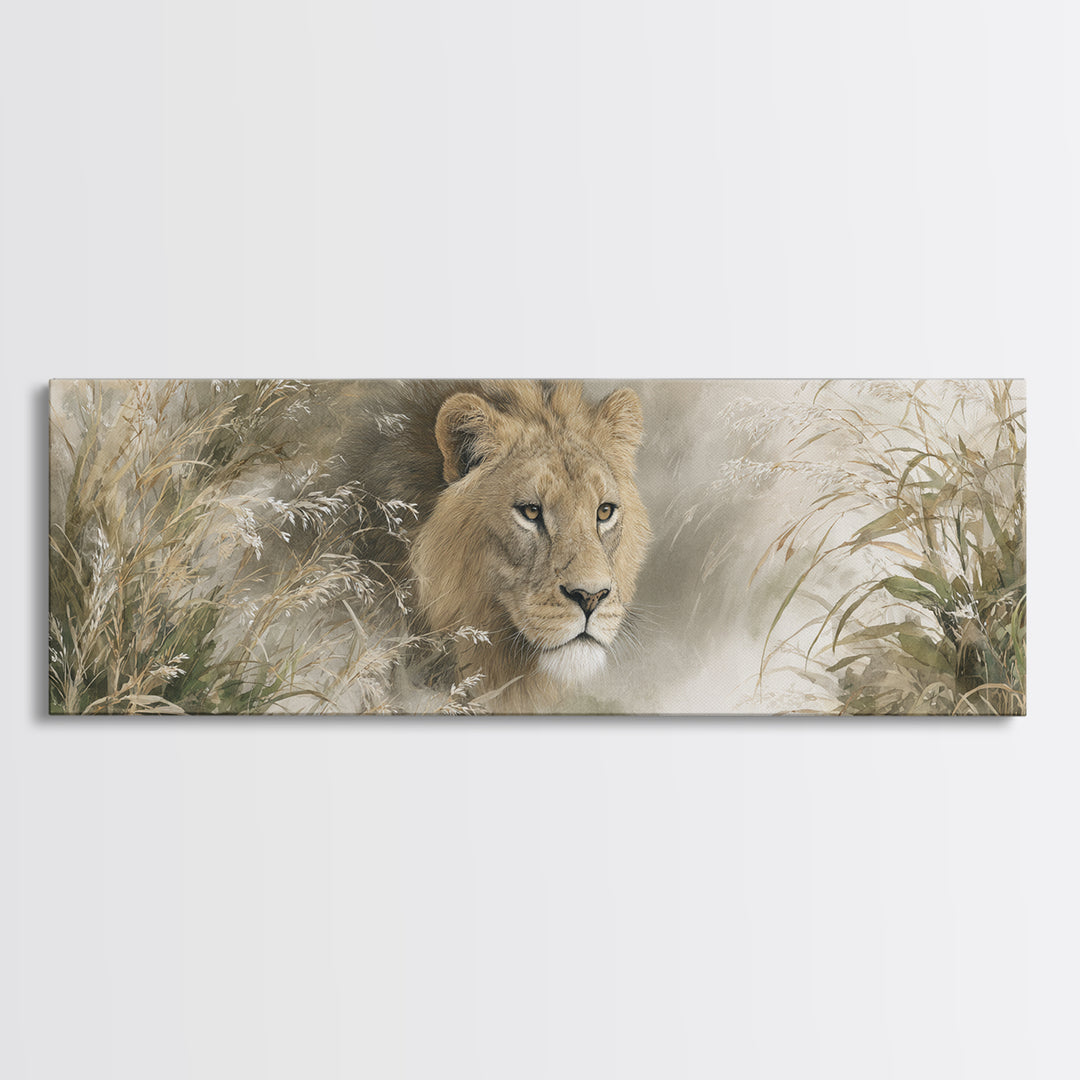 Lion Emerging from Golden Savanna Grass Framed Canvas Print, Wildlife Art, Bird Art, Living Room Decor, Fine Art, Wild, WIL-3x1-17