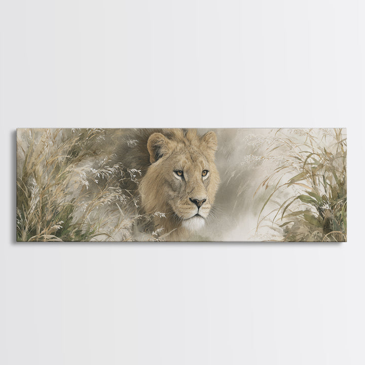 Lion Emerging from Golden Savanna Grass Framed Canvas Print, Wildlife Art, Bird Art, Living Room Decor, Fine Art, Wild, WIL-3x1-17