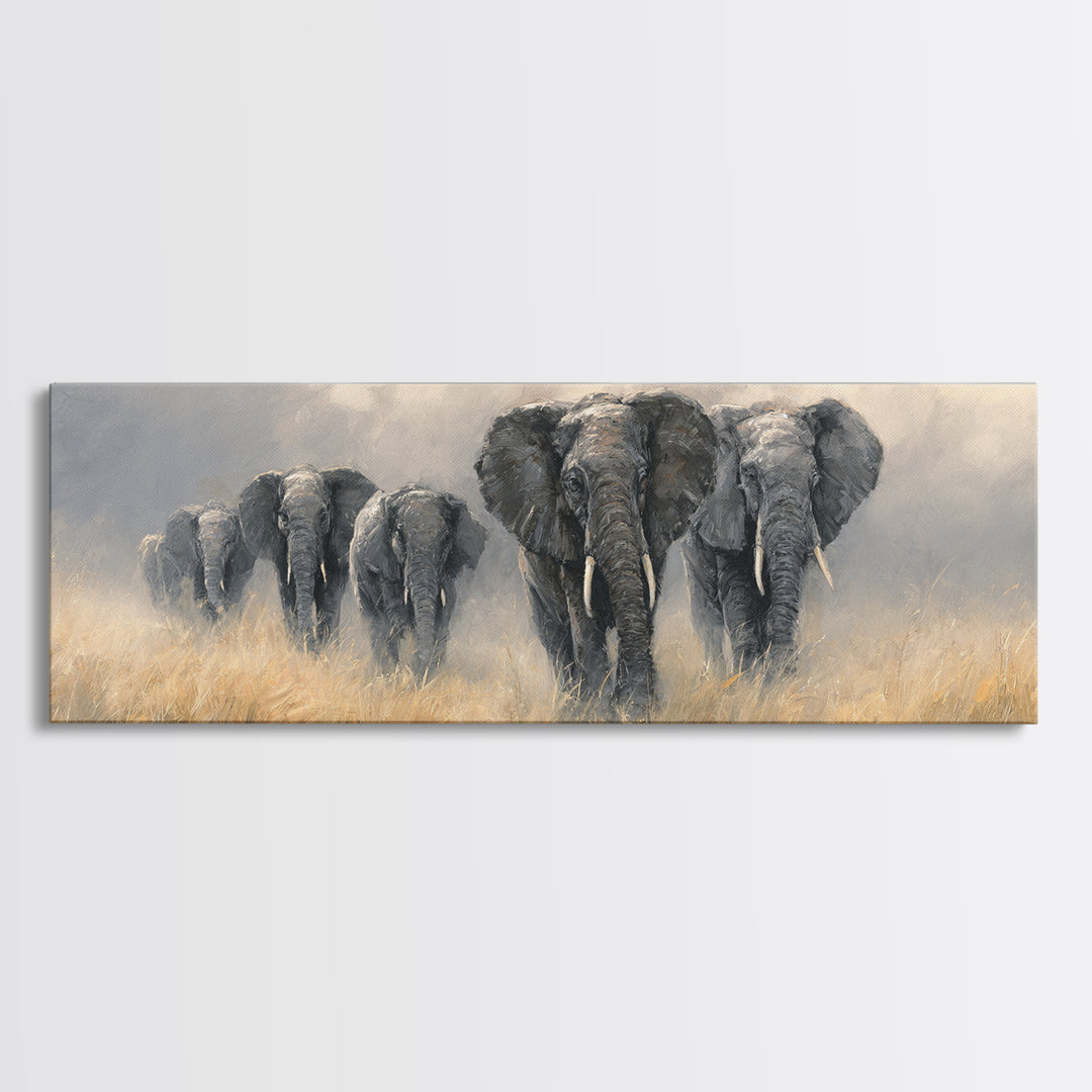 Elephant Herd Walking Through Dusty Sunset Framed Canvas Print, Wildlife Art, Original Art, Living Room Decor, Fine Art, Wild, WIL-3x1-18
