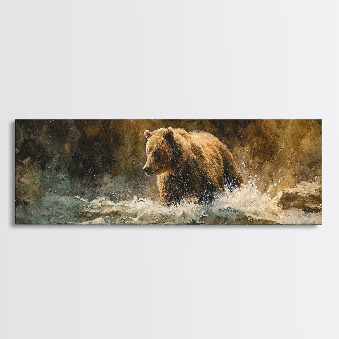 Bear Fishing in Rushing Mountain River Canvas Print, Wildlife Art, Nature Wall Art, Living Room Decor, Oil Painting, Wild, WIL-3x1-20