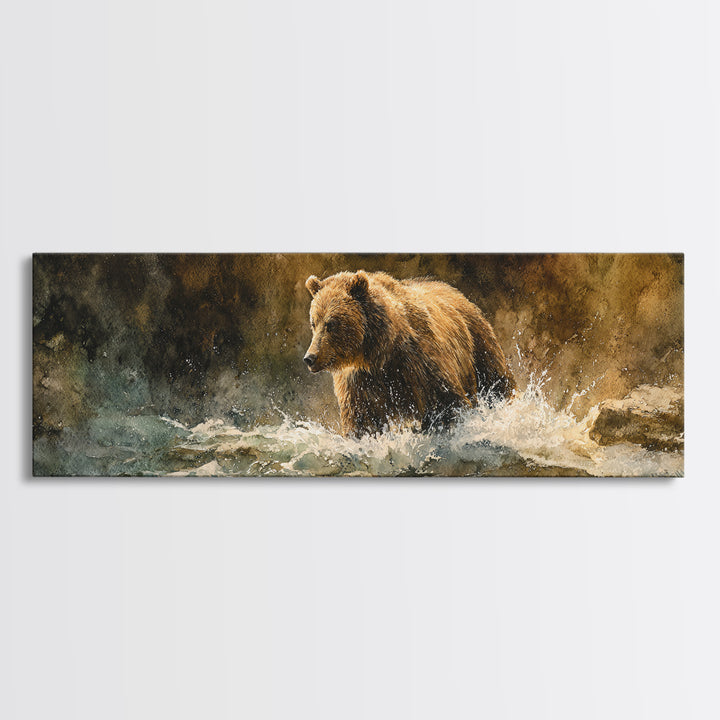 Bear Fishing in Rushing Mountain River Canvas Print, Wildlife Art, Nature Wall Art, Living Room Decor, Oil Painting, Wild, WIL-3x1-20