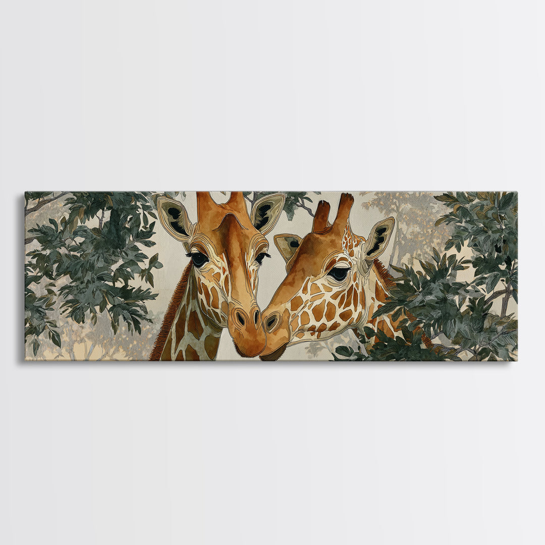 Giraffe Pair under Acacia Tree Framed Canvas Print, Wildlife Art, Boho Decor, Living Room Decor, Fine Art, Wild, Painting, WIL-3x1-23