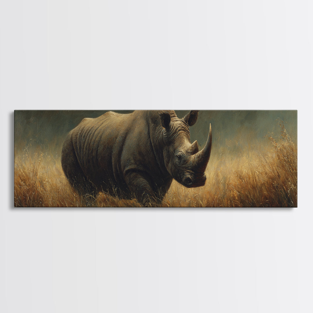 Rhino in Dramatic Stormy Light Canvas Print, Wildlife Art, Rustic Home Decor, Living Room Decor, Fine Art, Wild, WIL-3x1-24