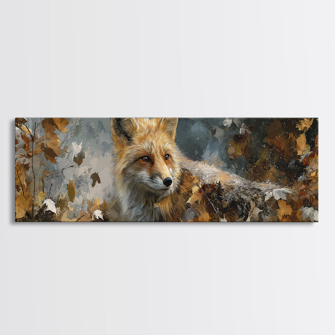 Fox in Autumn Forest Leaves Canvas Print, Wildlife Art, Modern Art, Living Room Decor, Fine Art, Wild, Neutral Decor, WIL-3x1-25