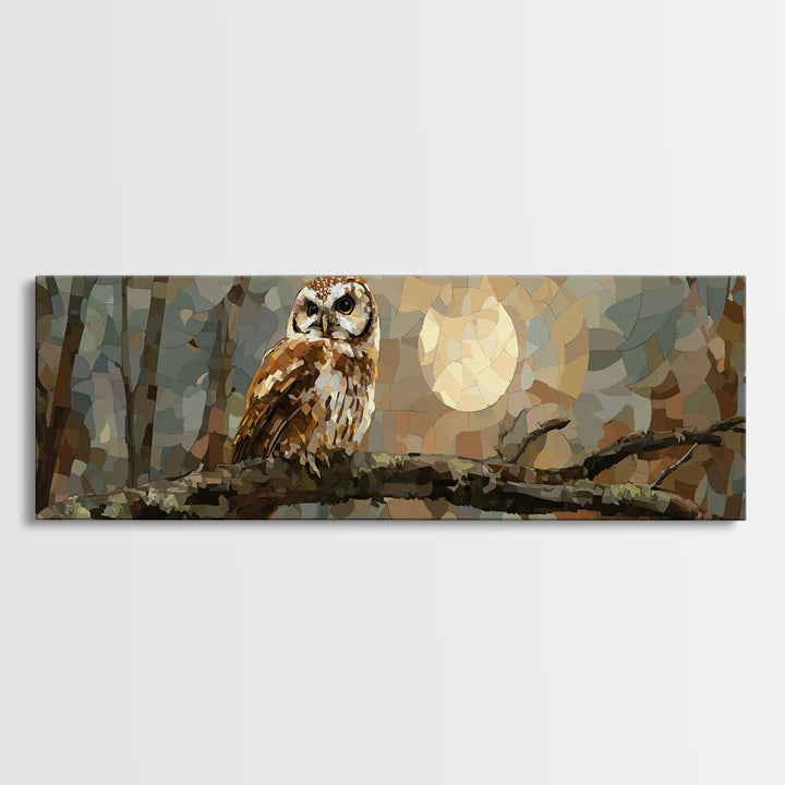 Owl Perched in Moonlit Woodland Framed Canvas Print, Wildlife Art, Forest Wall Art, Living Room Decor, Oil Painting, Wild, WIL-3x1-28